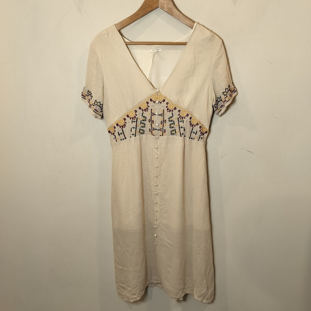 En Creme Embroidered Dress Boho Floral Short Sleeve Midi
